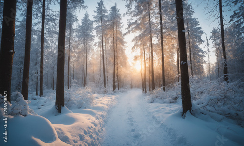 A beautiful winter forest at sunrise