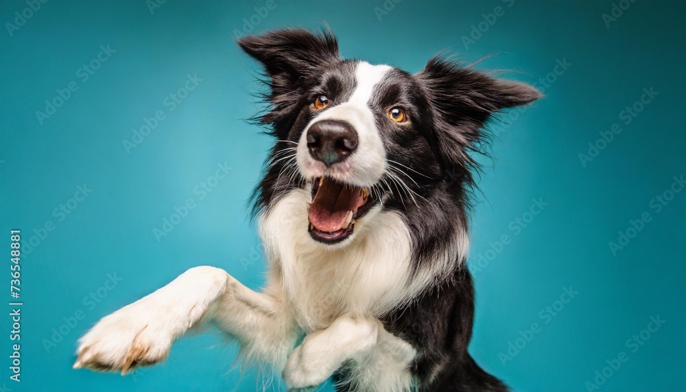 border collie dog is jumping isolated on blue cyan background