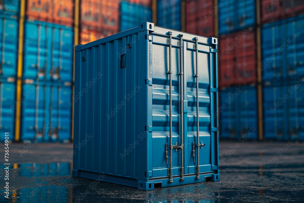 container with a blue color and a metal shape and a cargo overlay on the front