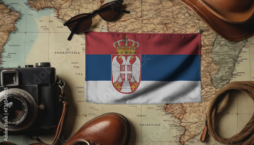 Serbia flag lies on the map surrounded by camera, glasses, travel and tourism concept