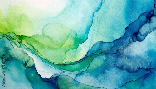 watercolor texture showcasing an abstract fluid appearance with blended blue and green hues in varying shades creating a soft and dreamy feel