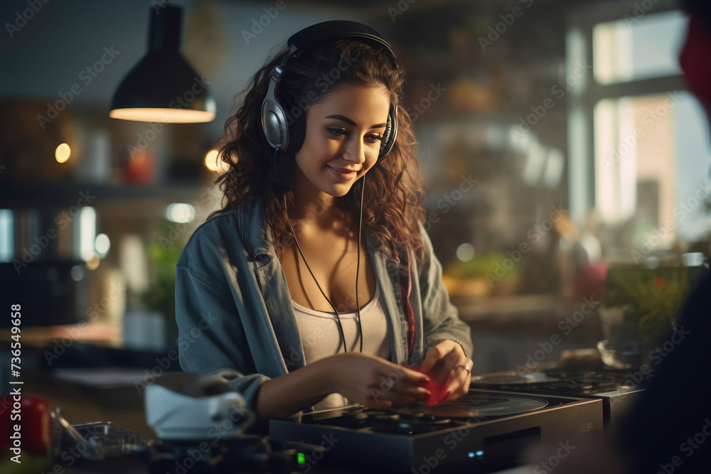Home DJ Session Young Woman with Turntable Home DJ Session Young Woman with Turntable