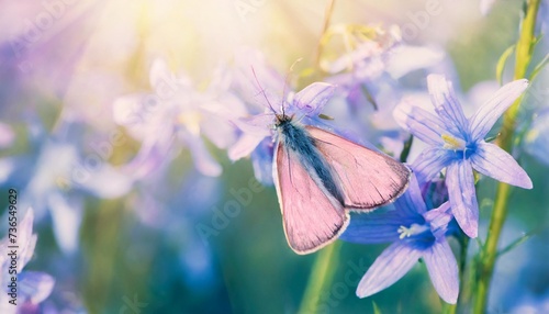 dreamy spring bellflowers bloom butterfly close up sunlight panorama spring floral mixed media art delicate artistic toned image pastel blue pink toned macro with soft focus nature background photo