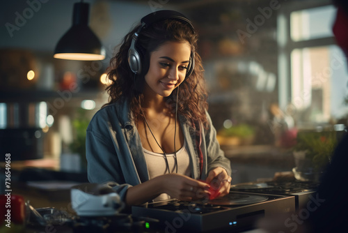 Home DJ Session Young Woman with Turntable