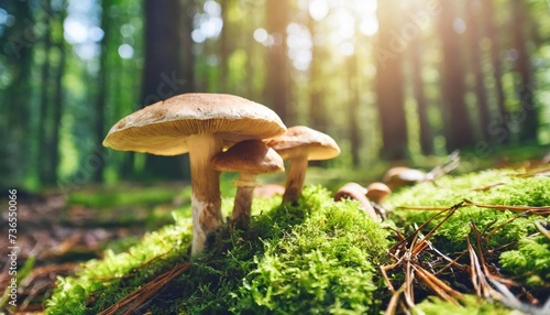 mushrooms growing in the forest on mossy ground with sunlight