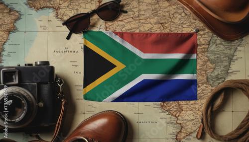 South Africa flag lies on the map surrounded by camera, glasses, travel and tourism concept
