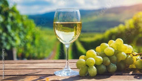 elegant glass of white wine on blurres background with wine grapes in winery young wine photo