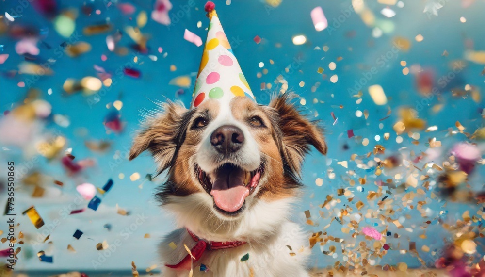 happy cute dog in party hat celebrating birthday surrounded by falling confetti