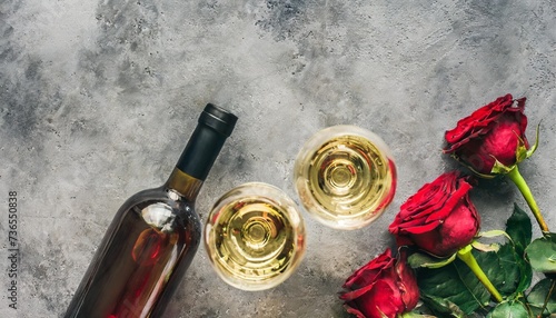 flat lay of red rose and white wine in glasses over grey concrete background top view wine bar winery wine degustation concept photo