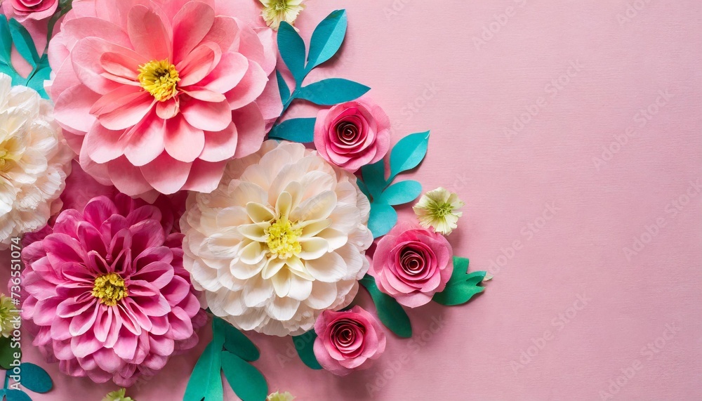 pink and colorful paper flowers on pastel pink background copy space