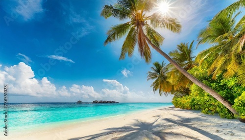 fantastic sunny panorama at maldives luxury resort seascape majestic sea waves coconut palm trees sand sunshine sky beauty paradise beach popular destination best summer vacation travel background © Richard