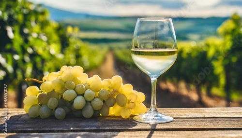 elegant glass of white wine on blurres background with wine grapes in winery young wine