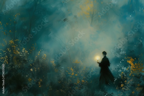Vintage Painting: Woman Walking Alone in Wilderness Holding Candle, Space for Copy Text