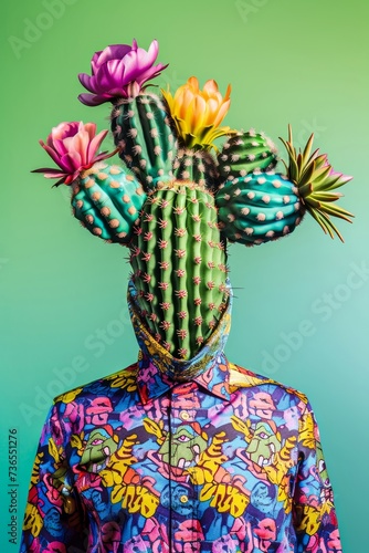 A cactus-headed person blooming with prickly beauty amidst a sea of vibrant flowers