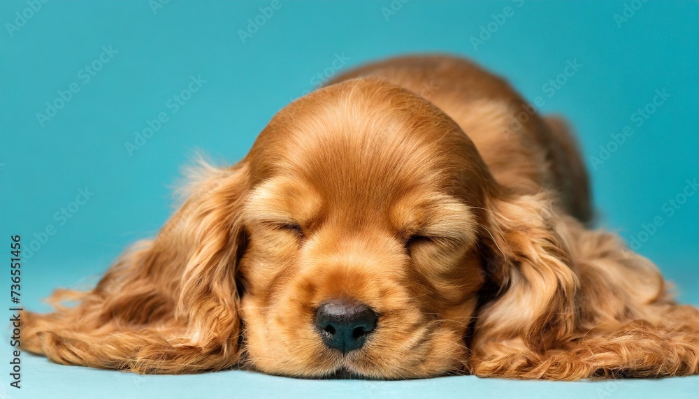 happy english cocker spaniel puppy dog sleeping on isolated on blue cyan background