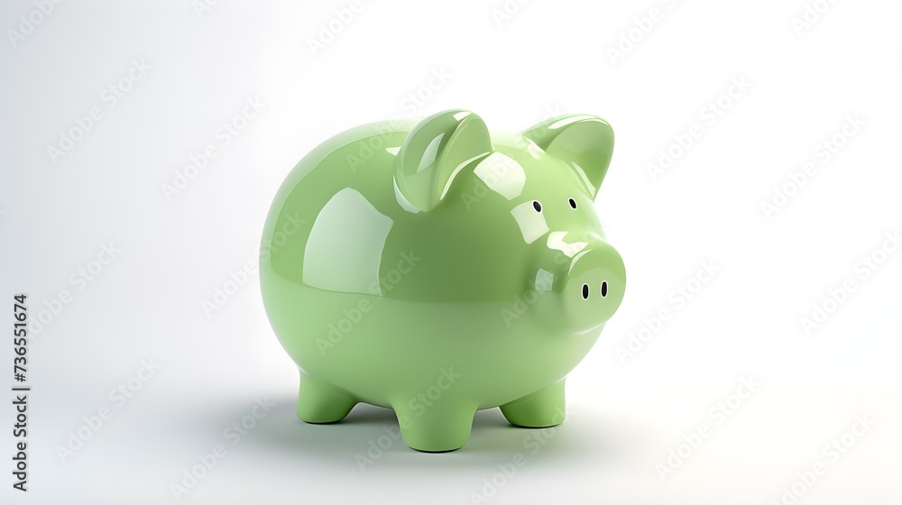 Light Green Piggy Bank on a white Background. Business Template with Copy Space