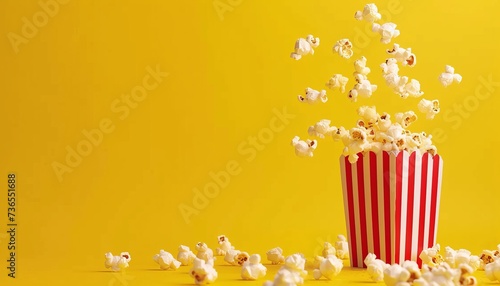 Scattered delicious popcorn from red striped box on pastel yellow background with copy space © Ilja