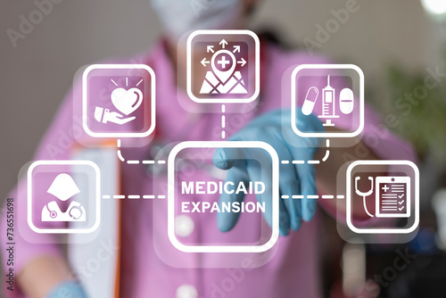 Doctor using virtual screen presses text: MEDICAID EXPANSION. Web healthcare expansion such as techologies, innovation, staff, skills, studies, clinic network, franchise. Concept of medicine expansion