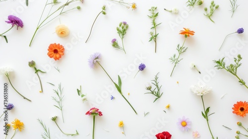 Flat lay photograph of wild flowers on a white background.