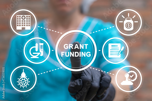 Physician using virtual interface presses button with inscription: GRANT FUNDING. Concept of healthcare grants and funding. Medical Innovation Education Grant Fund Application Donation.