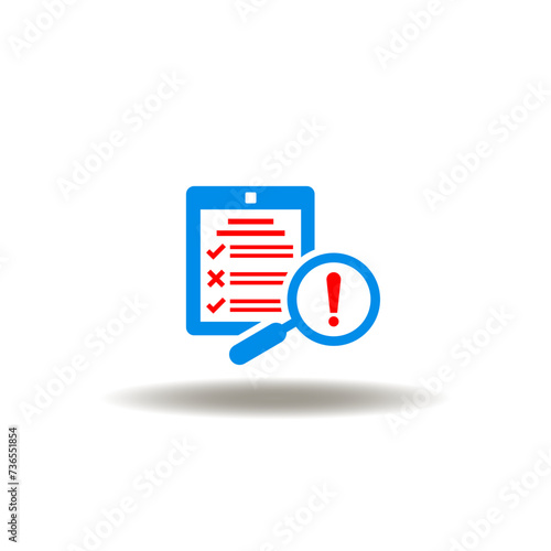 Vector illustration of checklist and magnifier with exclamation mark. Icon of quality revision. Symbol of inspection.