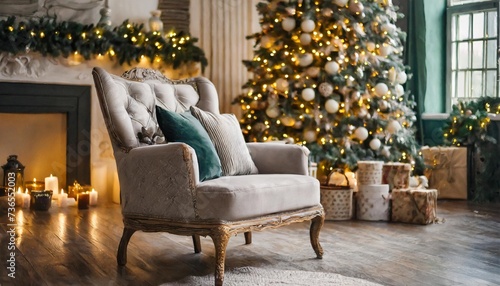 an armchair with pillows in a cozy room classic apartments with decorated christmas tree and presents christmas evening in the light of candles and garlands
