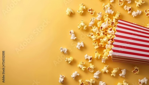 Delicious popcorn spilling from red striped box on pastel yellow background with space for text.
