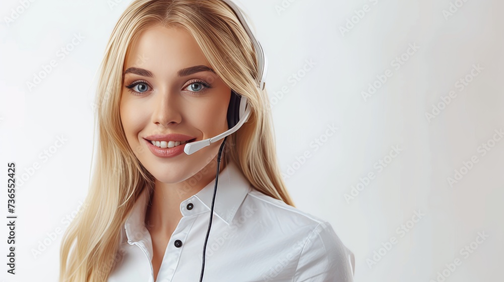 Female customer service representative assisting clients online, isolated on white background. Female customer service representative assisting clients online, isolated on white background.