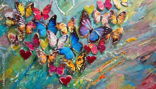 abstract background for valentine s day oil paints colorful paint strokes in the shape of hearts and bright tropical morpho butterflies photo