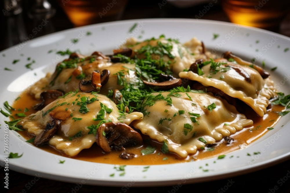 Plate mushroom ravioli. Food meal. Generate Ai Plate mushroom ravioli. Food meal. Generate Ai