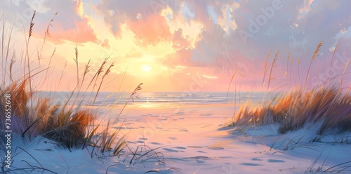 As the winter sun sets behind a blanket of clouds, a serene beach emerges, blanketed in snow and framed by vibrant grass, a breathtaking scene of nature's contrasting elements