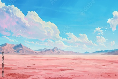 A breathtaking painting captures the vastness of a tundra landscape, with towering mountains piercing through the endless blue sky and wispy clouds, evoking a sense of awe and wonder for the beauty o