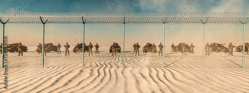 Desert Sentinels: Military Formation Poised Against a Ripple of Sand Dunes photo