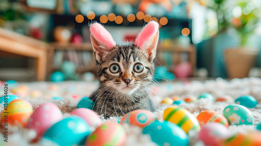 Gatinho fofo em decoração de páscoa com ovos e muitas cores Gatinho fofo em decoração de páscoa com ovos e muitas cores