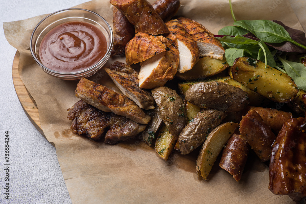 Delicious meat dishes in a restaurant or pub. Close-ups Delicious meat dishes in a restaurant or pub. Close-ups