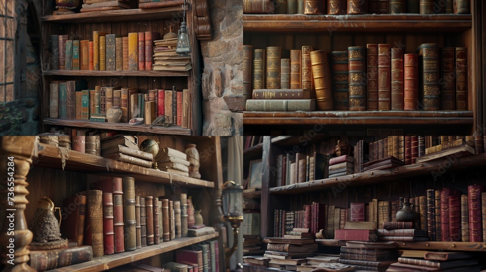 A detailed view of a rustic bookshelf displaying a diverse collection of literature, representing the vast and rich world of stories waiting to be explored on World Book Day, in high-definition A detailed view of a rustic bookshelf displaying a diverse collection of literature, representing the vast and rich world of stories waiting to be explored on World Book Day, in high-definition