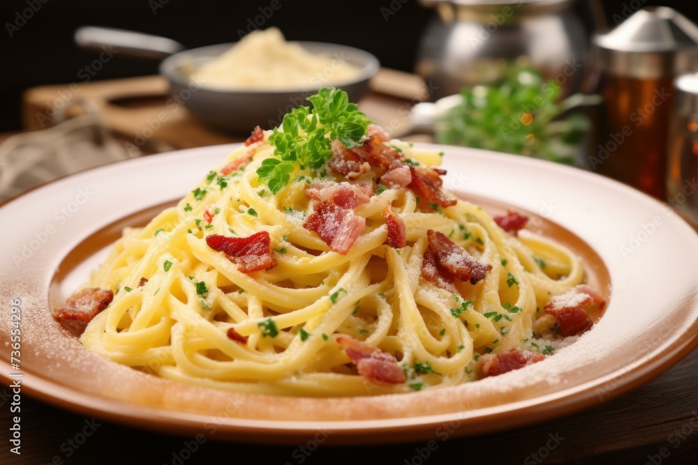 Creamy Pasta carbonara plate. Alla above pepper. Generate Ai Creamy Pasta carbonara plate. Alla above pepper. Generate Ai