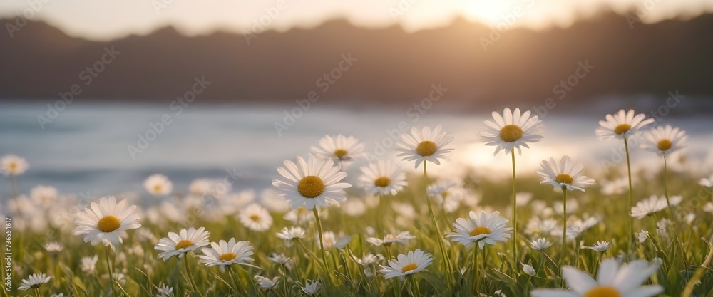 A field of daisies flower with a river and mountains in the background during sunrise A field of daisies flower with a river and mountains in the background during sunrise