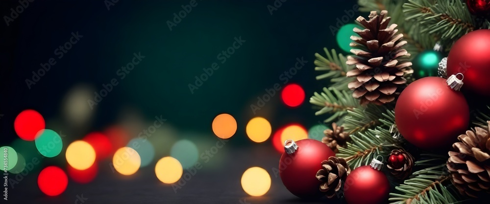 Red and green Christmas ornaments and pine cones on a surface with multicolored bokeh lights in the background Red and green Christmas ornaments and pine cones on a surface with multicolored bokeh lights in the background