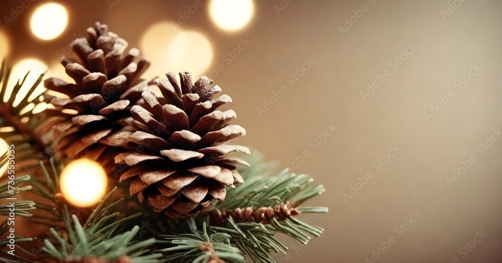 Pine cones and fir branches against a background with warm bokeh lights, surrounded by fallen leaves Pine cones and fir branches against a background with warm bokeh lights, surrounded by fallen leaves