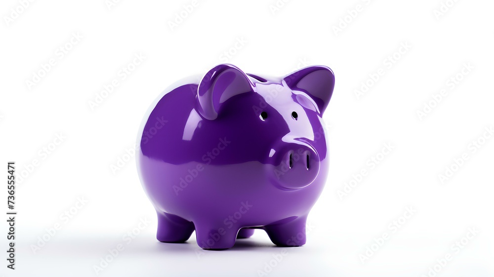 Purple Piggy Bank on a white Background. Business Template with Copy Space