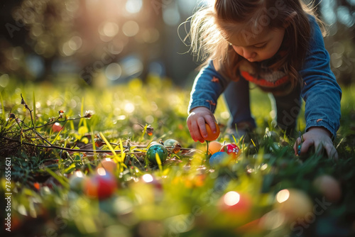 Child Collecting Colorful Easter Eggs in Sunny Park