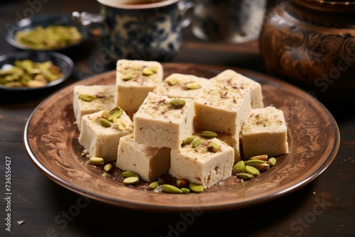 Plate piece halva. Oriental food sweet nutrition sugar. Generate Ai
