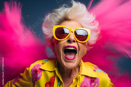 senior woman with pink sunglasses in an ephemeral portrait  in the style of vivid color blocks  yellow