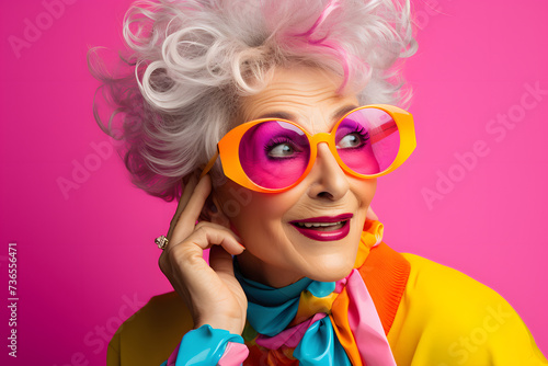 senior woman posing in glasses, in the style of neon color palette, bright color blocks, light magenta and yellow, photo taken with provia