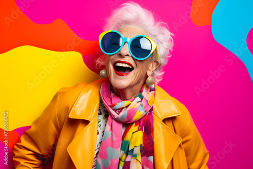 happy, female senior woman wearing sunglasses over colorful background, in the style of postmodern photography, light magenta and yellow, color-blocked textiles