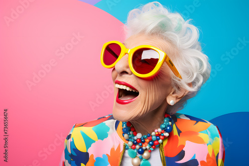 senior woman fashionable sunglasses on colorful background, in the style of playful neo-pop, goosepunk, pastel-hued