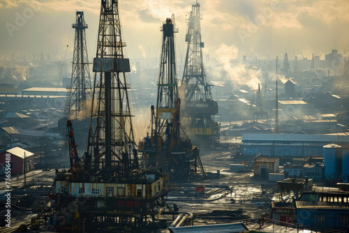 group of oil rigs in the middle of a city. The rigs are drilling for oil, and there are buildings and people in the background