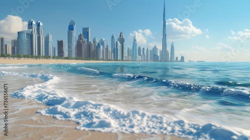 3d illustration of Dubai beach isolated. beach mock up. urban skyline on background, sea waves. 