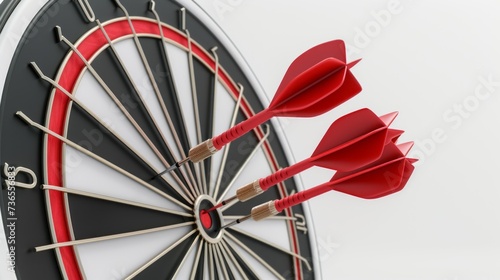 3D illustration of three arrows hitting the center of a target and three darts failed to reach the objective. Conceptual image over white background. Concept of competitive advantage. --